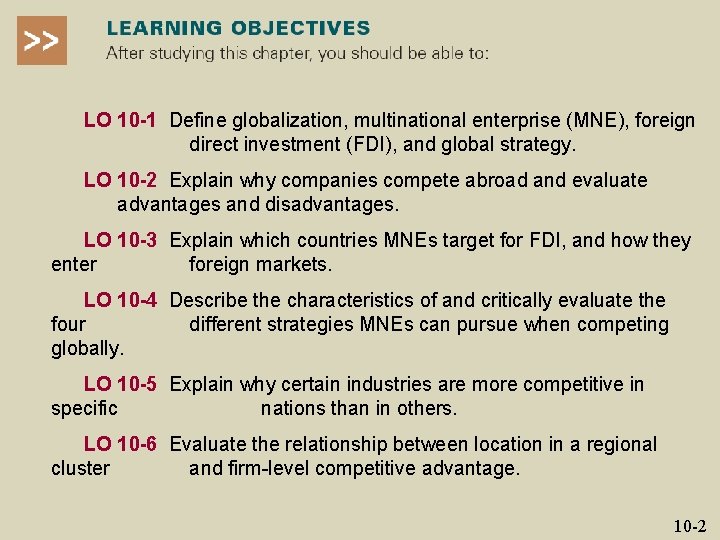 LO 10 -1 Define globalization, multinational enterprise (MNE), foreign direct investment (FDI), and global