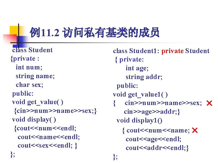例11. 2 访问私有基类的成员 class Student {private : int num; string name; char sex; public:
