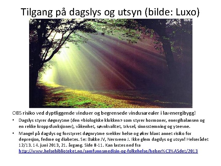 Tilgang på dagslys og utsyn (bilde: Luxo) OBS risiko ved dyptliggende vinduer og begrensede