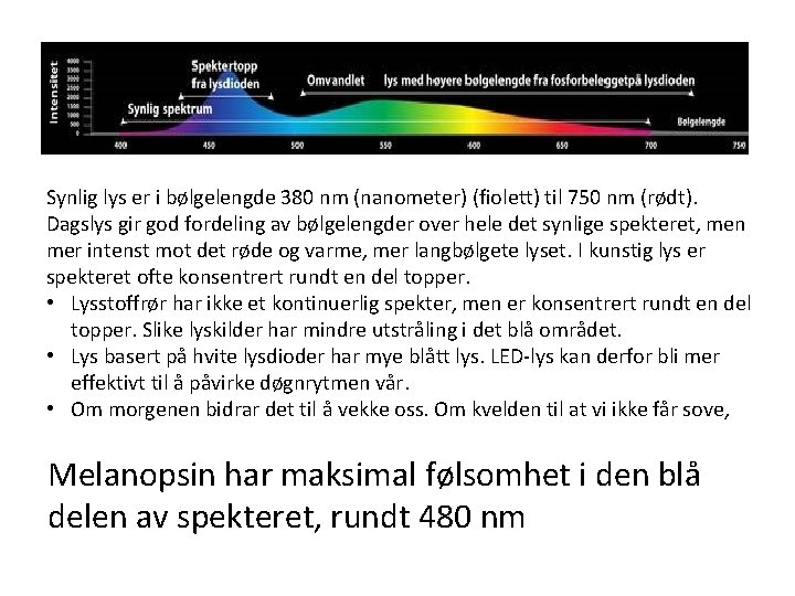 Synlig lys er i bølgelengde 380 nm (nanometer) (fiolett) til 750 nm (rødt). Dagslys