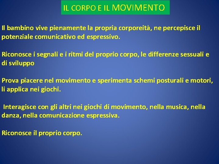 IL CORPO E IL MOVIMENTO Il bambino vive pienamente la propria corporeità, ne percepisce