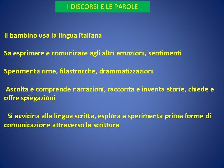 I DISCORSI E LE PAROLE Il bambino usa la lingua italiana Sa esprimere e