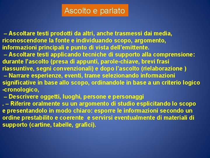 Ascolto e parlato – Ascoltare testi prodotti da altri, anche trasmessi dai media, riconoscendone