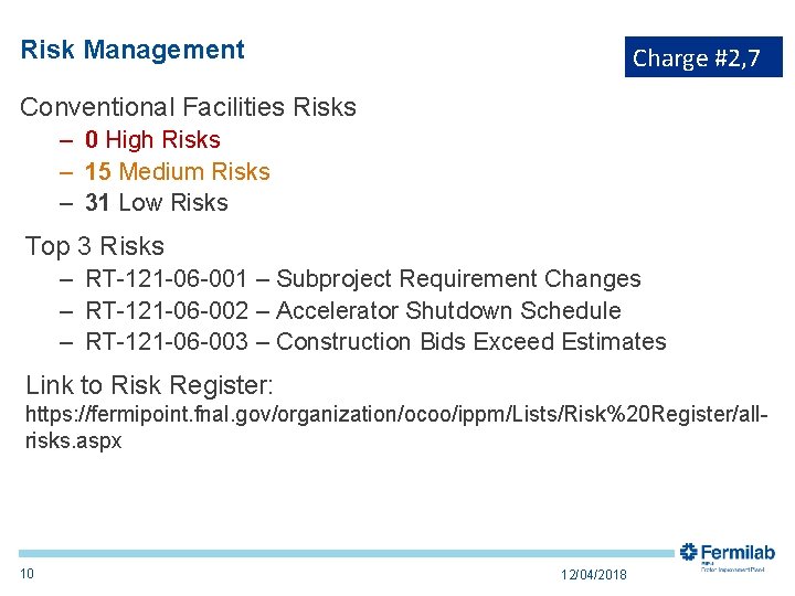 Risk Management Charge #2, 7 Conventional Facilities Risks – 0 High Risks – 15