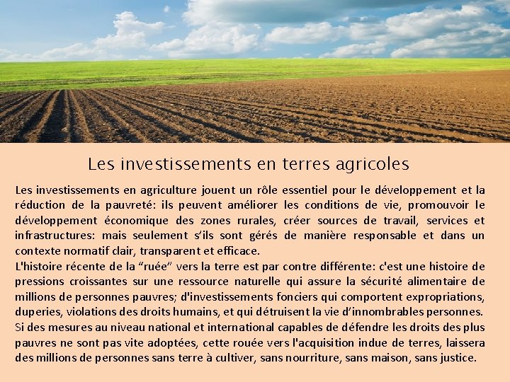 Les investissements en terres agricoles Les investissements en agriculture jouent un rôle essentiel pour