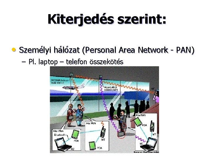 Kiterjedés szerint: • Személyi hálózat (Personal Area Network - PAN) – Pl. laptop –