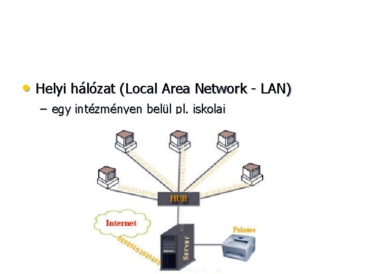  • Helyi hálózat (Local Area Network - LAN) – egy intézményen belül pl.
