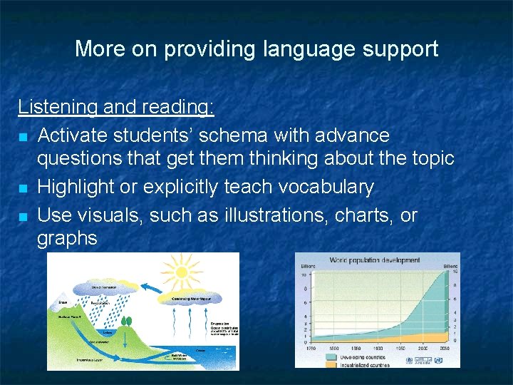 More on providing language support Listening and reading: Activate students’ schema with advance questions