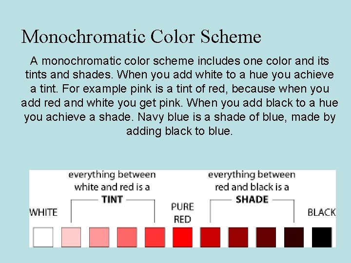 Monochromatic Color Scheme A monochromatic color scheme includes one color and its tints and