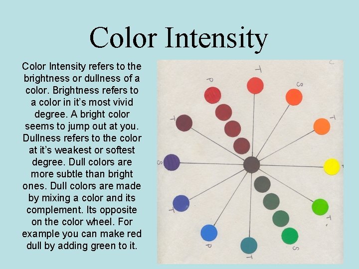 Color Intensity refers to the brightness or dullness of a color. Brightness refers to