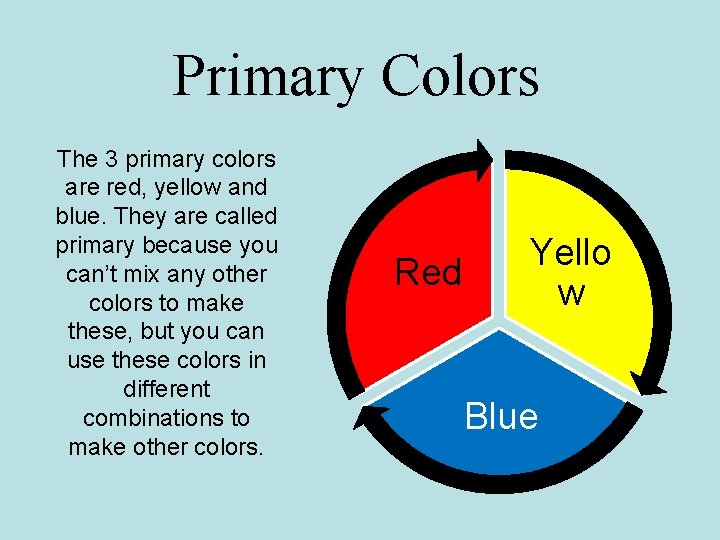 Primary Colors The 3 primary colors are red, yellow and blue. They are called