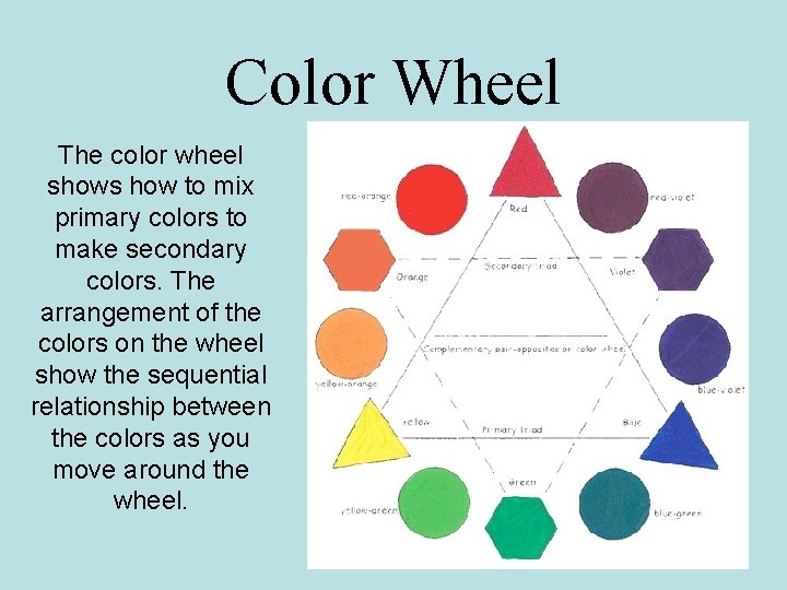 Color Wheel The color wheel shows how to mix primary colors to make secondary