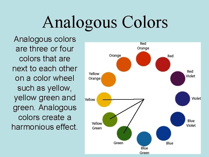 Analogous Colors Analogous colors are three or four colors that are next to each