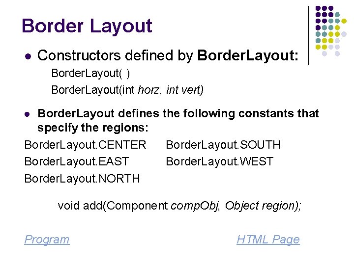 Border Layout l Constructors defined by Border. Layout: Border. Layout( ) Border. Layout(int horz,