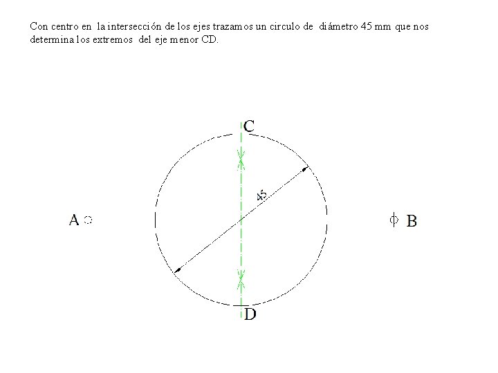 Con centro en la intersección de los ejes trazamos un circulo de diámetro 45