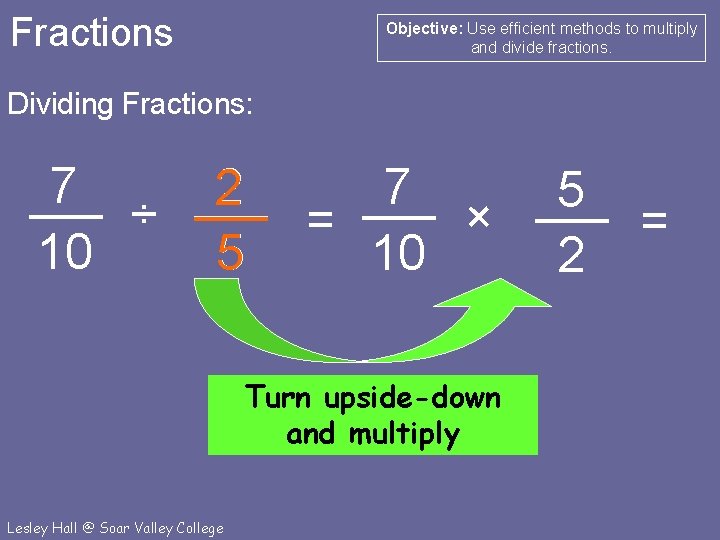 Fractions Objective: Use efficient methods to multiply and divide fractions. Dividing Fractions: 7 ÷