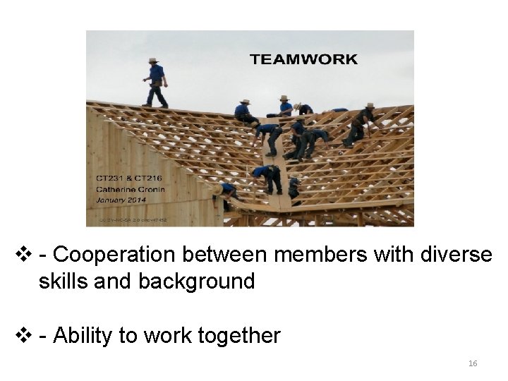 v - Cooperation between members with diverse skills and background v - Ability to