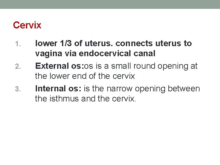 Cervix 1. 2. 3. lower 1/3 of uterus. connects uterus to vagina via endocervical