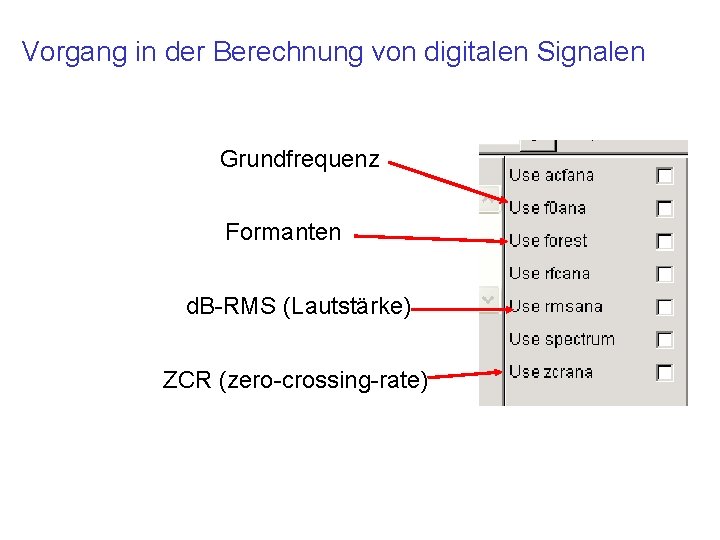 Vorgang in der Berechnung von digitalen Signalen Grundfrequenz Formanten d. B-RMS (Lautstärke) ZCR (zero-crossing-rate)