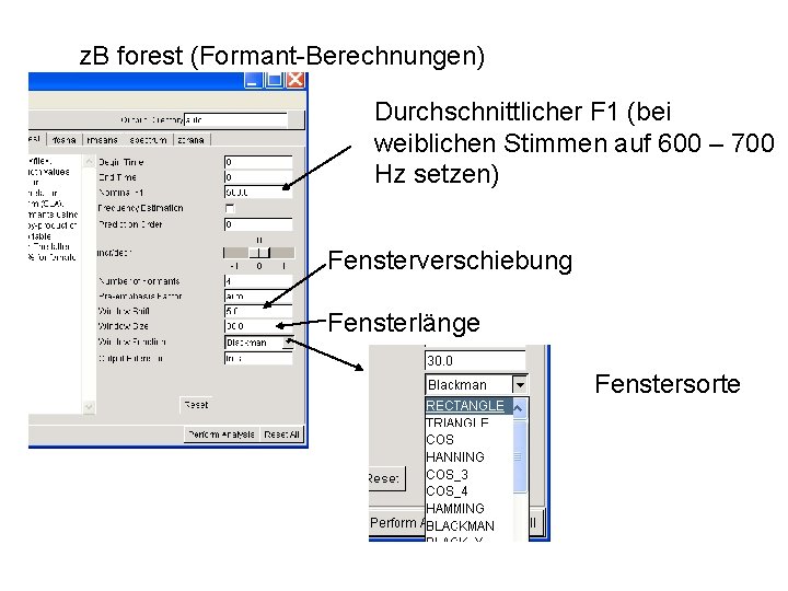 z. B forest (Formant-Berechnungen) Durchschnittlicher F 1 (bei weiblichen Stimmen auf 600 – 700