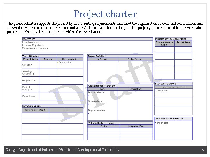 Project charter The project charter supports the project by documenting requirements that meet the