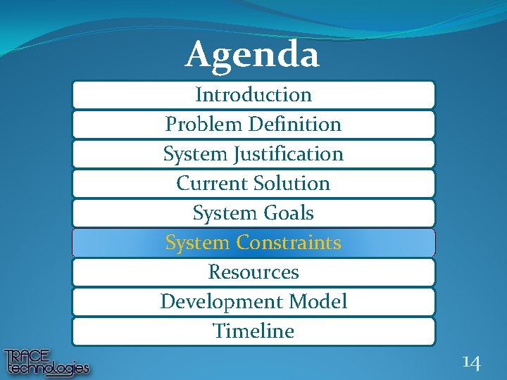 Agenda Introduction Problem Definition System Justification Current Solution System Goals System Constraints Resources Development