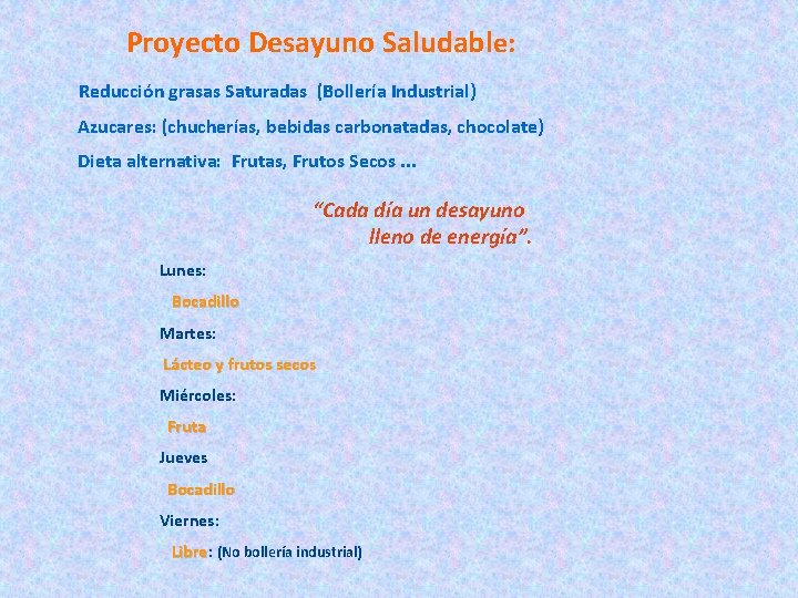 Proyecto Desayuno Saludable: Reducción grasas Saturadas (Bollería Industrial) Azucares: (chucherías, bebidas carbonatadas, chocolate) Dieta