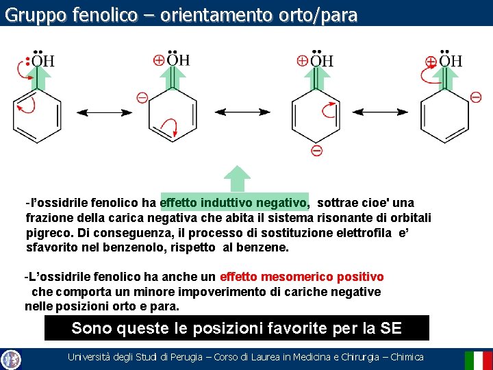 Gruppo fenolico – orientamento orto/para -l’ossidrile fenolico ha effetto induttivo negativo, sottrae cioe' una