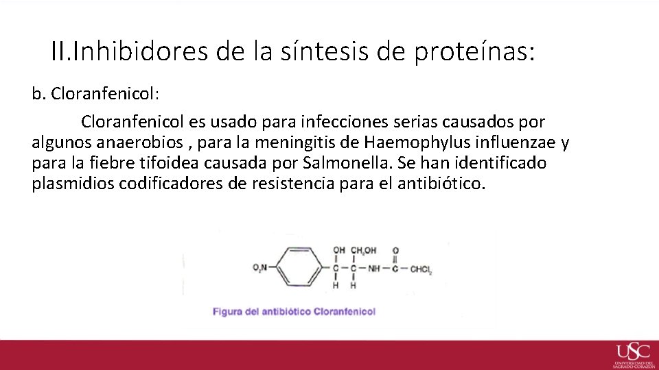 II. Inhibidores de la síntesis de proteínas: b. Cloranfenicol: Cloranfenicol es usado para infecciones