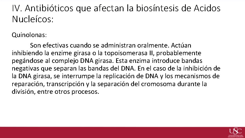 IV. Antibióticos que afectan la biosíntesis de Acidos Nucleícos: Quinolonas: Son efectivas cuando se