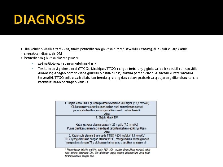 DIAGNOSIS 1. Jika keluhan klasik ditemukan, maka pemeriksaan glukosa plasma sewaktu >200 mg/d. L