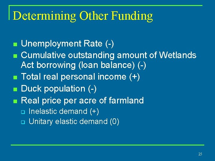 Determining Other Funding n n n Unemployment Rate (-) Cumulative outstanding amount of Wetlands