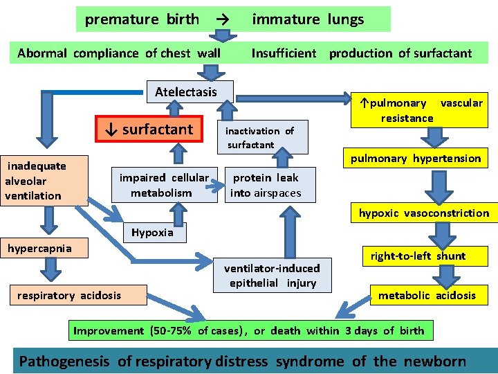 premature birth → Abormal compliance of chest wall immature lungs Insufficient production of surfactant