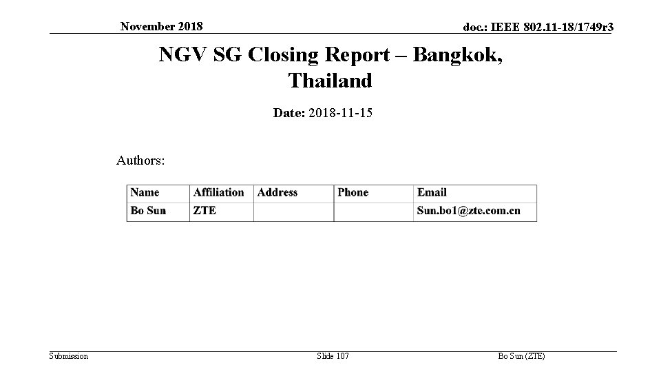 November 2018 doc. : IEEE 802. 11 -18/1749 r 3 NGV SG Closing Report