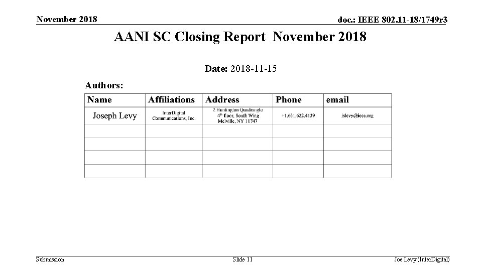 November 2018 doc. : IEEE 802. 11 -18/1749 r 3 AANI SC Closing Report