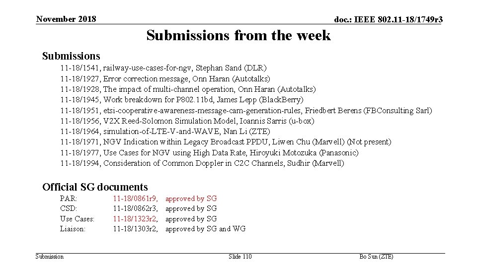 November 2018 doc. : IEEE 802. 11 -18/1749 r 3 Submissions from the week