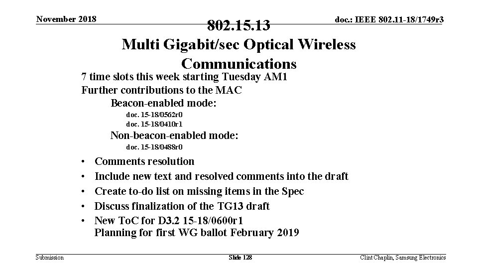 November 2018 doc. : IEEE 802. 11 -18/1749 r 3 802. 15. 13 Multi