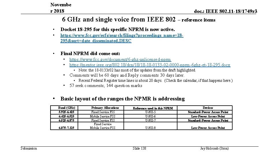 Novembe r 2018 doc. : IEEE 802. 11 -18/1749 r 3 6 GHz and