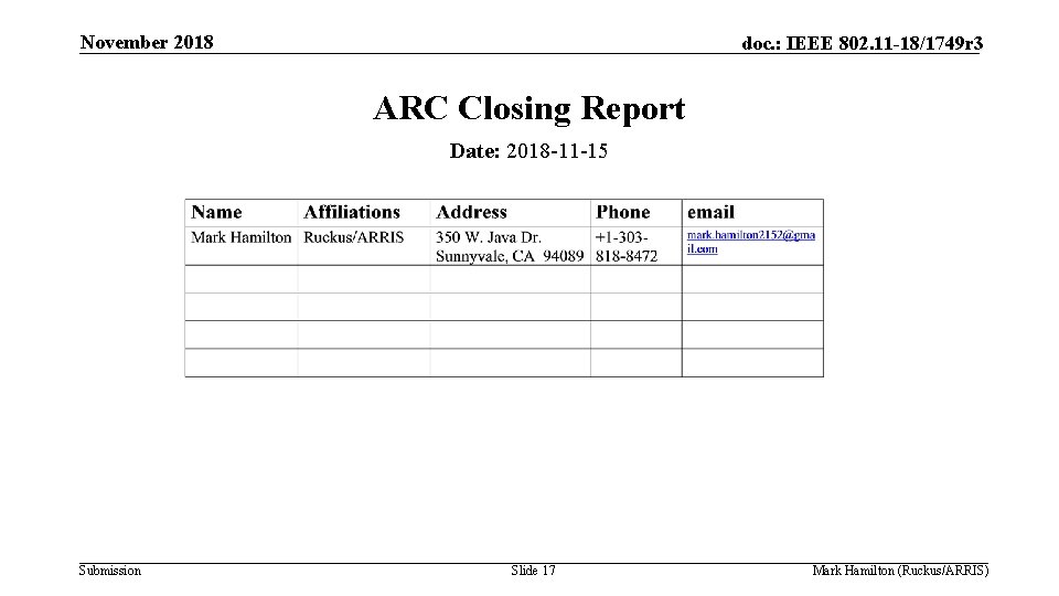 November 2018 doc. : IEEE 802. 11 -18/1749 r 3 ARC Closing Report Date: