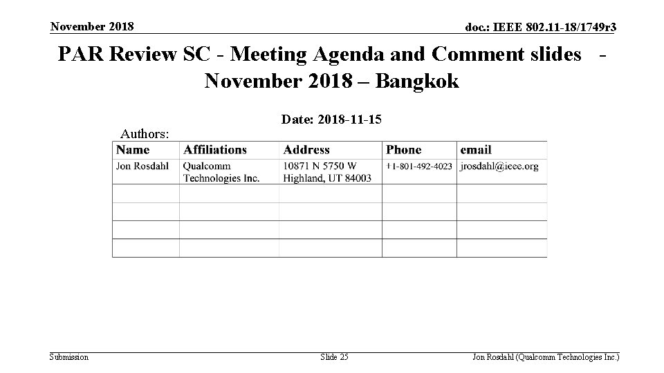 November 2018 doc. : IEEE 802. 11 -18/1749 r 3 PAR Review SC -