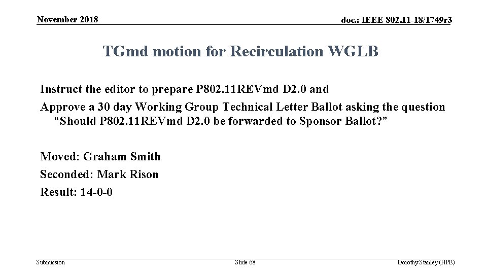 November 2018 doc. : IEEE 802. 11 -18/1749 r 3 TGmd motion for Recirculation
