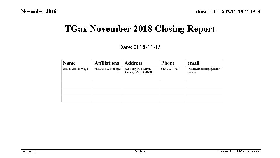 November 2018 doc. : IEEE 802. 11 -18/1749 r 3 TGax November 2018 Closing