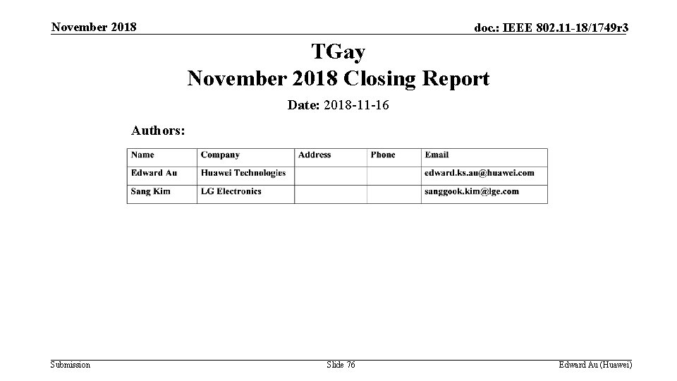 November 2018 doc. : IEEE 802. 11 -18/1749 r 3 TGay November 2018 Closing