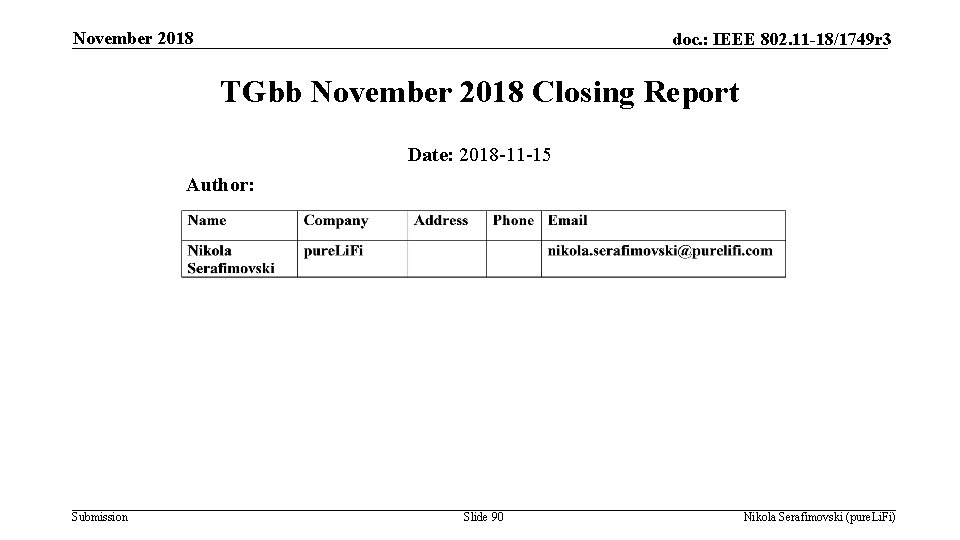 November 2018 doc. : IEEE 802. 11 -18/1749 r 3 TGbb November 2018 Closing