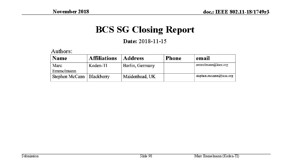 November 2018 doc. : IEEE 802. 11 -18/1749 r 3 BCS SG Closing Report