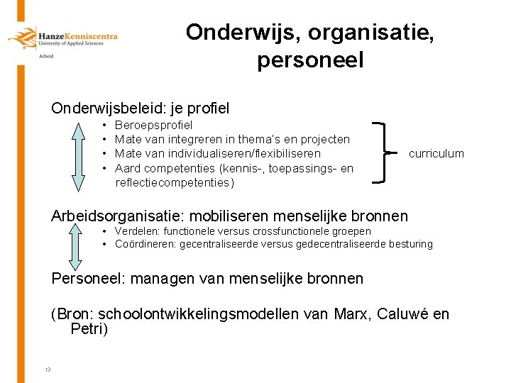 Onderwijs, organisatie, personeel Onderwijsbeleid: je profiel • • Beroepsprofiel Mate van integreren in thema’s