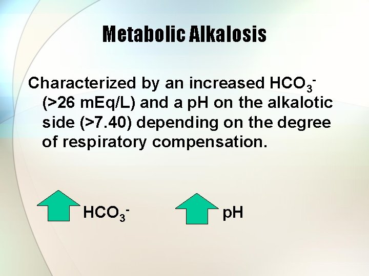 Metabolic Alkalosis Characterized by an increased HCO 3(>26 m. Eq/L) and a p. H