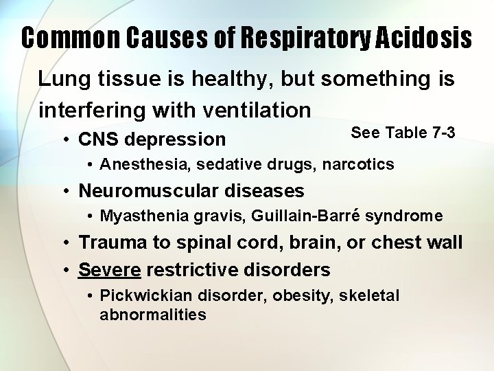 Common Causes of Respiratory Acidosis Lung tissue is healthy, but something is interfering with