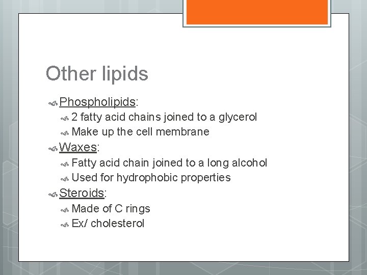 Other lipids Phospholipids: 2 fatty acid chains joined to a glycerol Make up the