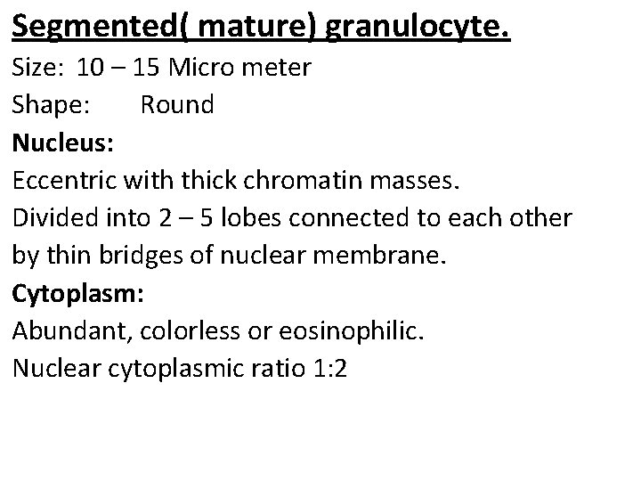 Segmented( mature) granulocyte. Size: 10 – 15 Micro meter Shape: Round Nucleus: Eccentric with